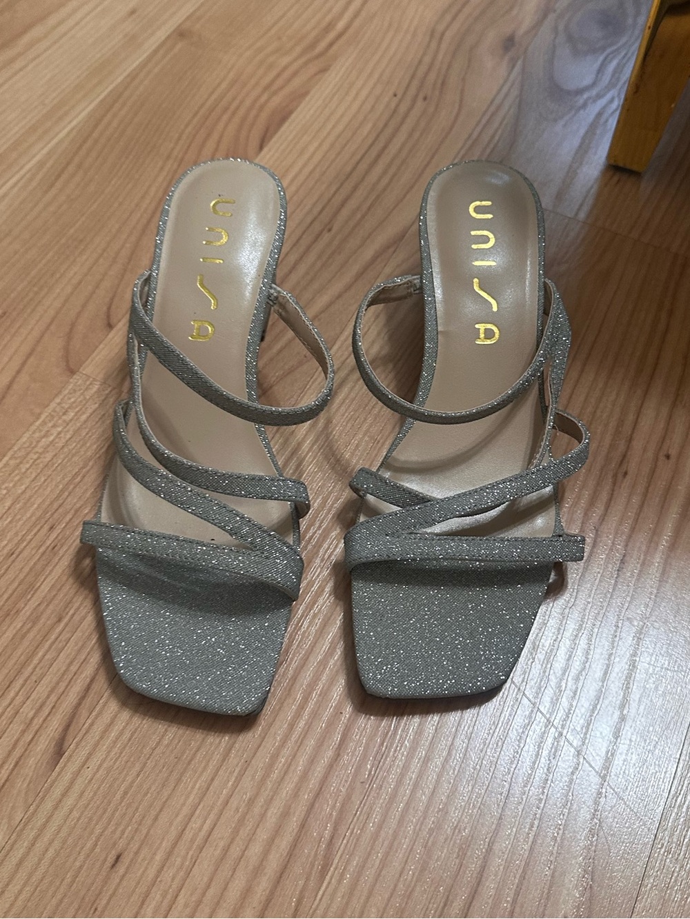 Unisa Silver Glitter Multi-Strap Square-Toe Heels